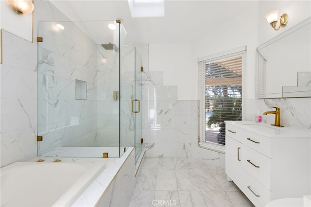 bathroom featuring vanity, plus walk in shower, and tile walls