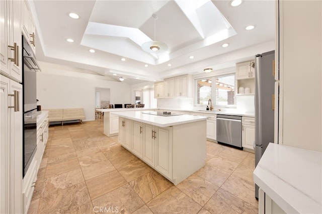 kitchen with a tray ceiling, a center island, sink, and stainless steel appliances