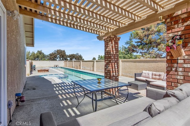 view of patio / terrace featuring outdoor lounge area, a fenced in pool, and a pergola