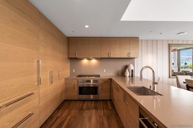 kitchen with stainless steel appliances, light brown cabinetry, sink, dark hardwood / wood-style floors, and range hood