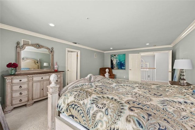 bedroom with crown molding and light carpet