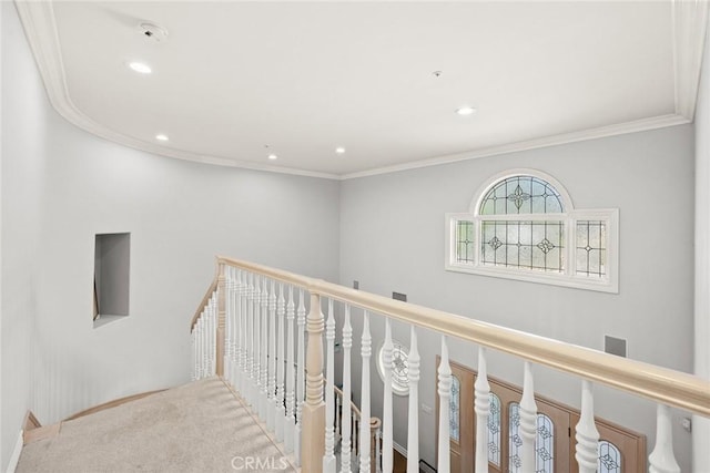 hallway featuring crown molding and carpet floors