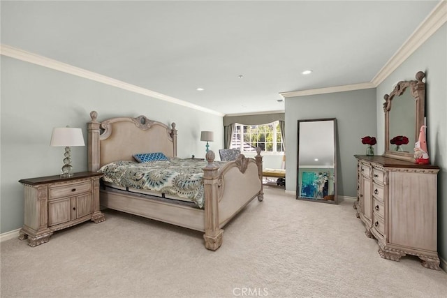 carpeted bedroom with ornamental molding