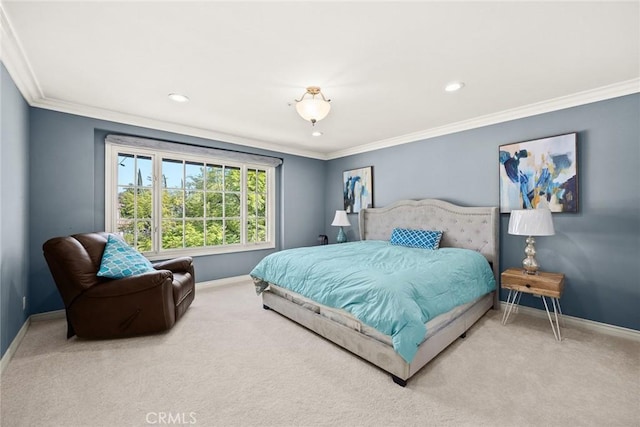 carpeted bedroom with ornamental molding