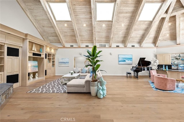 interior space featuring beam ceiling, light wood-type flooring, high vaulted ceiling, and wooden ceiling