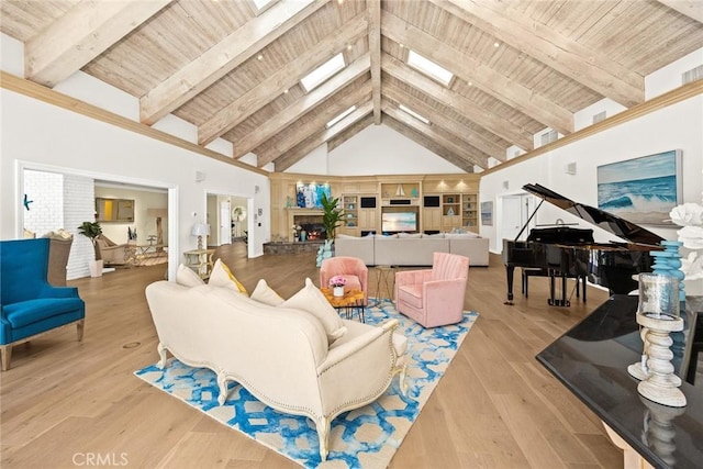 living room with beam ceiling, wooden ceiling, high vaulted ceiling, and light hardwood / wood-style flooring