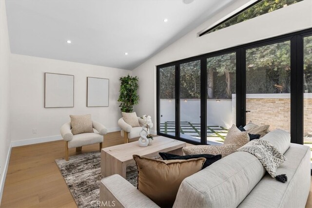 living room with lofted ceiling, light hardwood / wood-style flooring, and a wealth of natural light