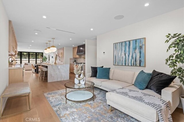 living room featuring sink and light hardwood / wood-style flooring