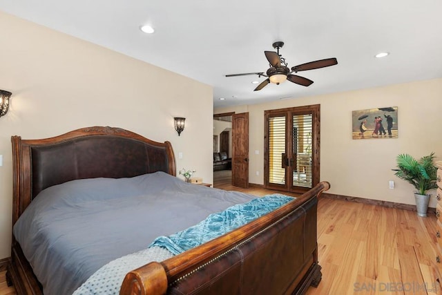 bedroom featuring ceiling fan and light hardwood / wood-style flooring