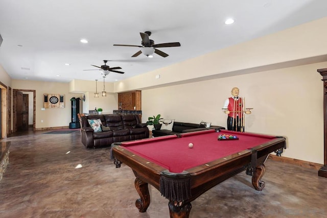 rec room featuring ceiling fan, pool table, and concrete floors