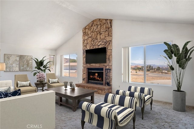 carpeted living room featuring a stone fireplace and vaulted ceiling