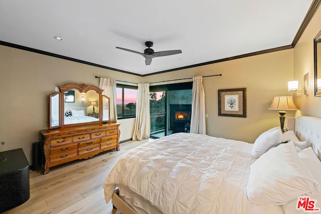 bedroom featuring access to outside, ceiling fan, crown molding, and hardwood / wood-style floors