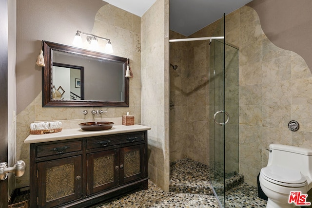 bathroom featuring toilet, vanity, and an enclosed shower