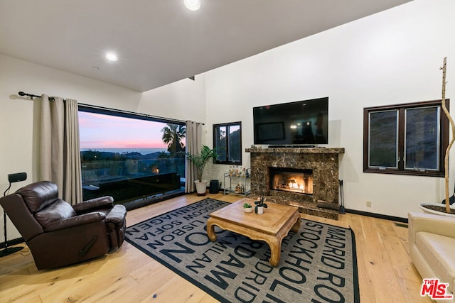 living room featuring light hardwood / wood-style floors and a high end fireplace