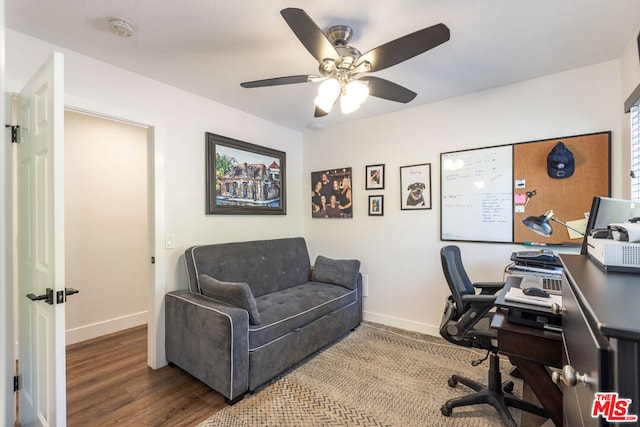 office space featuring hardwood / wood-style flooring and ceiling fan