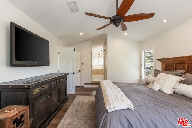 bedroom featuring dark wood-type flooring, ceiling fan, and lofted ceiling