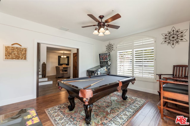 rec room featuring ceiling fan, dark hardwood / wood-style flooring, and pool table