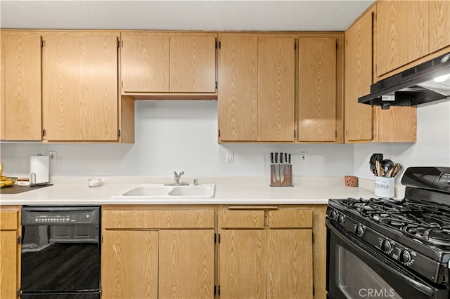 kitchen with black appliances, light brown cabinetry, sink, and ventilation hood