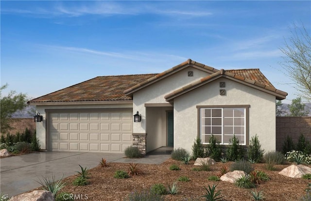view of front facade featuring stucco siding, a tile roof, concrete driveway, and an attached garage