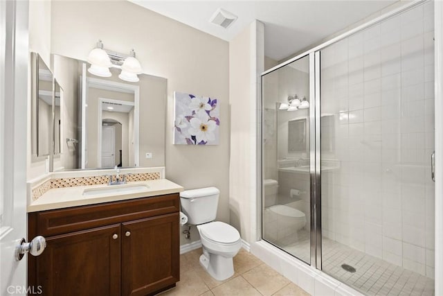 full bathroom featuring tile patterned floors, visible vents, toilet, and a shower stall