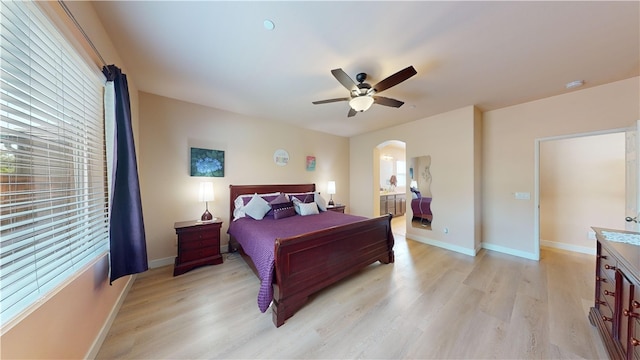 bedroom featuring light hardwood / wood-style flooring and ceiling fan