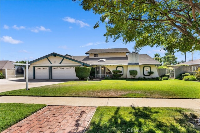 view of property with a garage and a front lawn