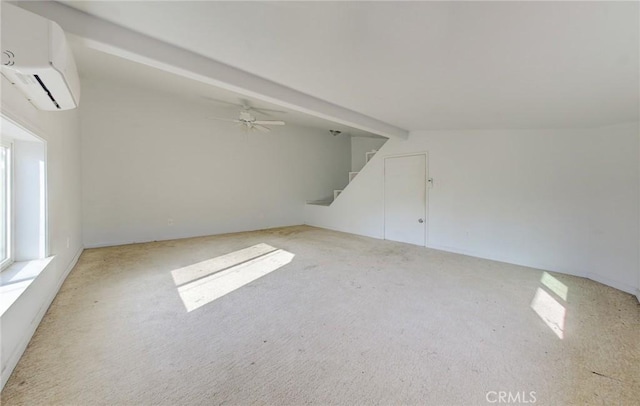 bonus room with light carpet, vaulted ceiling, an AC wall unit, and ceiling fan