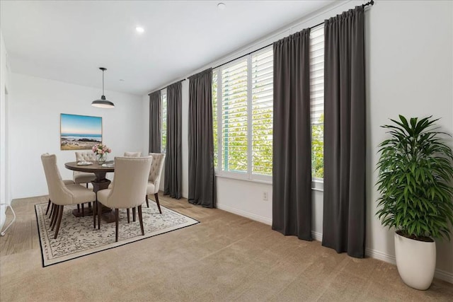 dining space featuring light carpet