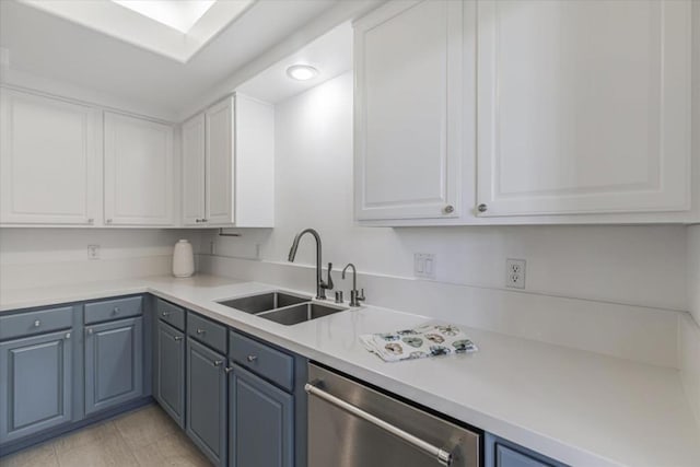 kitchen with sink, white cabinets, dishwasher, and blue cabinetry