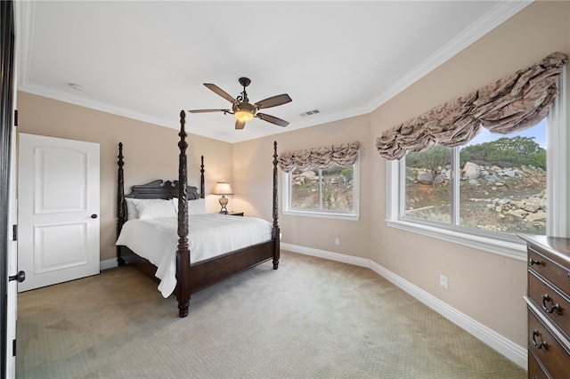 18378 Avenida Bosque, Murrieta, CA 92562 - bedroom with baseboards, ornamental molding, a ceiling fan, visible vents, and light colored carpet