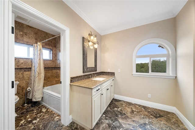 full bathroom with ornamental molding, shower / tub combo with curtain, vanity, and toilet