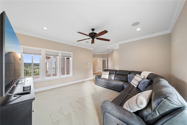 18378 Avenida Bosque, Murrieta, CA 92562 - carpeted living room featuring crown molding, ceiling fan, baseboards, and recessed lighting