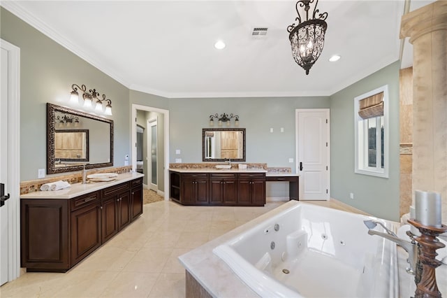 bathroom featuring vanity, a relaxing tiled tub, a chandelier, crown molding, and tile patterned flooring