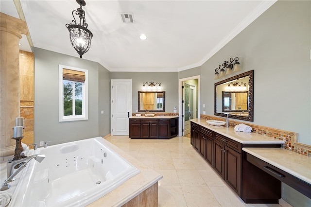 bathroom featuring vanity, a notable chandelier, a bath, ornamental molding, and tile patterned floors