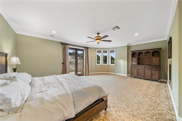 bedroom with ceiling fan, light colored carpet, ornamental molding, and access to outside