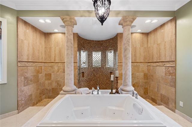 bathroom with separate shower and tub, crown molding, and ornate columns