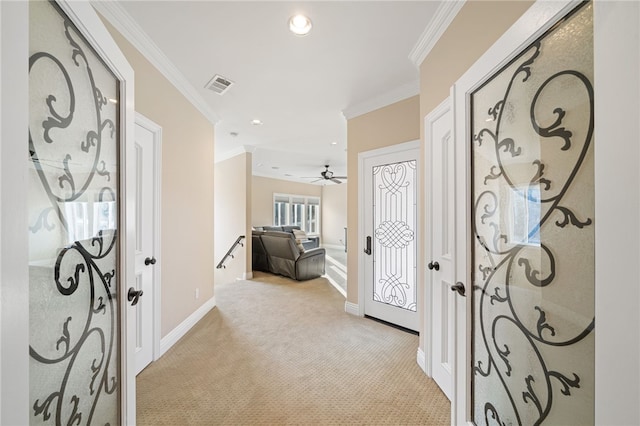 18378 Avenida Bosque, Murrieta, CA 92562 - entrance foyer with visible vents, ornamental molding, baseboards, and light carpet
