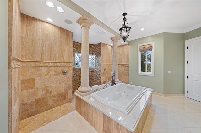18378 Avenida Bosque, Murrieta, CA 92562 - full bath featuring ornate columns, tile patterned flooring, a healthy amount of sunlight, walk in shower, and a jetted tub