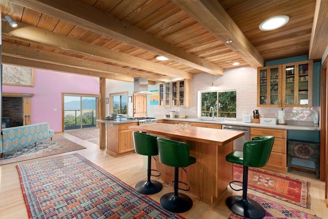 bar with range hood, wooden ceiling, light hardwood / wood-style floors, and beam ceiling