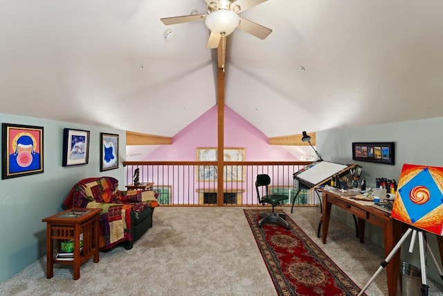 rec room featuring ceiling fan, carpet, and vaulted ceiling with beams