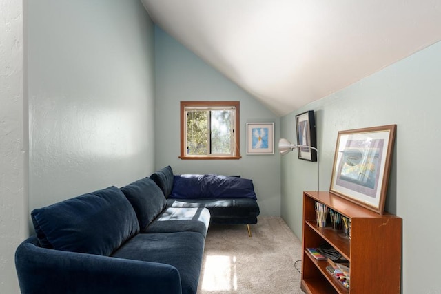 living room featuring carpet and lofted ceiling