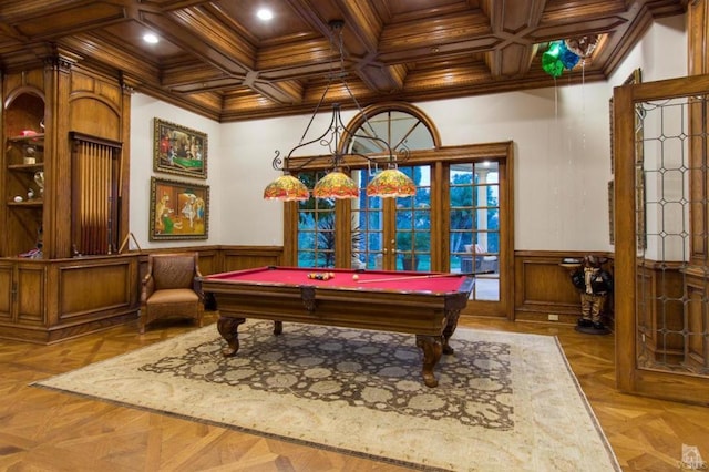 recreation room with beamed ceiling, ornamental molding, french doors, coffered ceiling, and light parquet floors