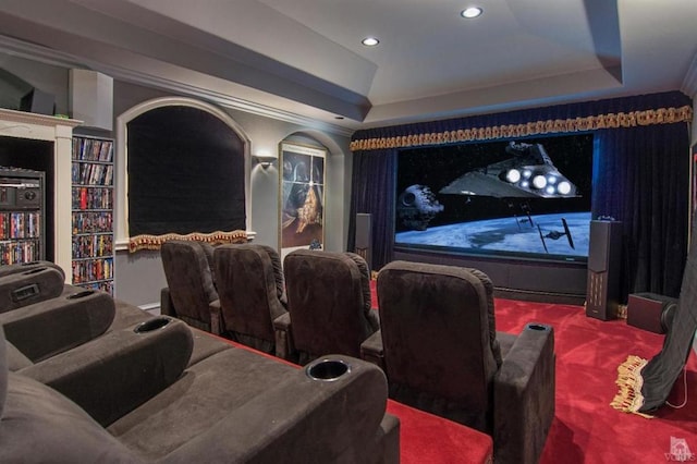 cinema room with ornamental molding and a tray ceiling