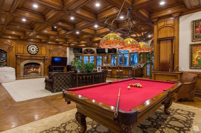 game room featuring beamed ceiling, bar area, parquet flooring, coffered ceiling, and ornamental molding