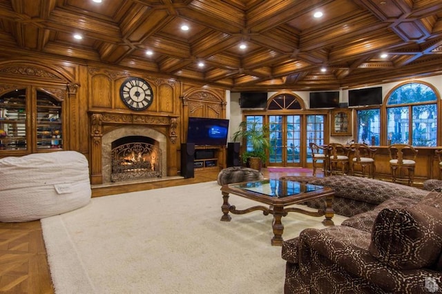 living room featuring ornamental molding, wood ceiling, coffered ceiling, and beamed ceiling