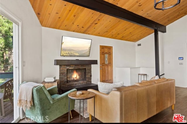 living room with wooden ceiling, vaulted ceiling with beams, a fireplace, and dark wood-type flooring