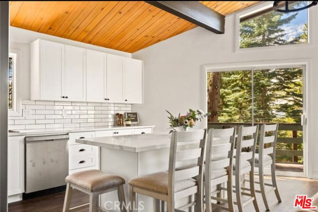 kitchen featuring white cabinetry, dark wood-type flooring, backsplash, wooden ceiling, and stainless steel dishwasher