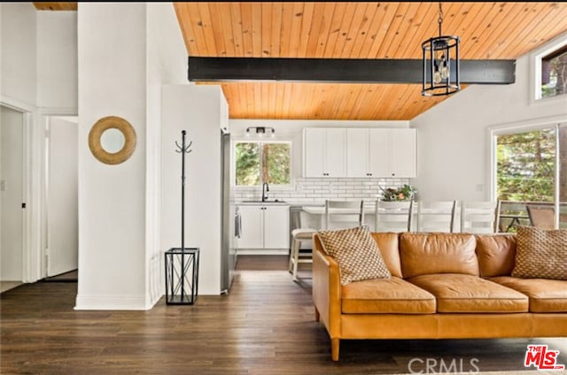 living room with wooden ceiling, beamed ceiling, dark hardwood / wood-style floors, and sink