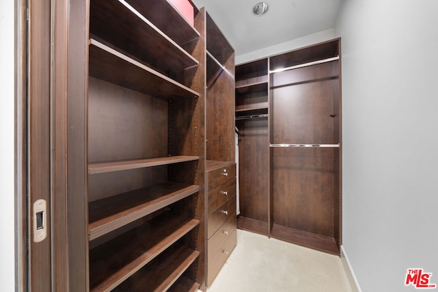 walk in closet featuring light colored carpet