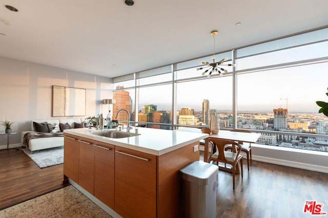 kitchen featuring an island with sink, sink, dark wood-type flooring, a notable chandelier, and a wall of windows